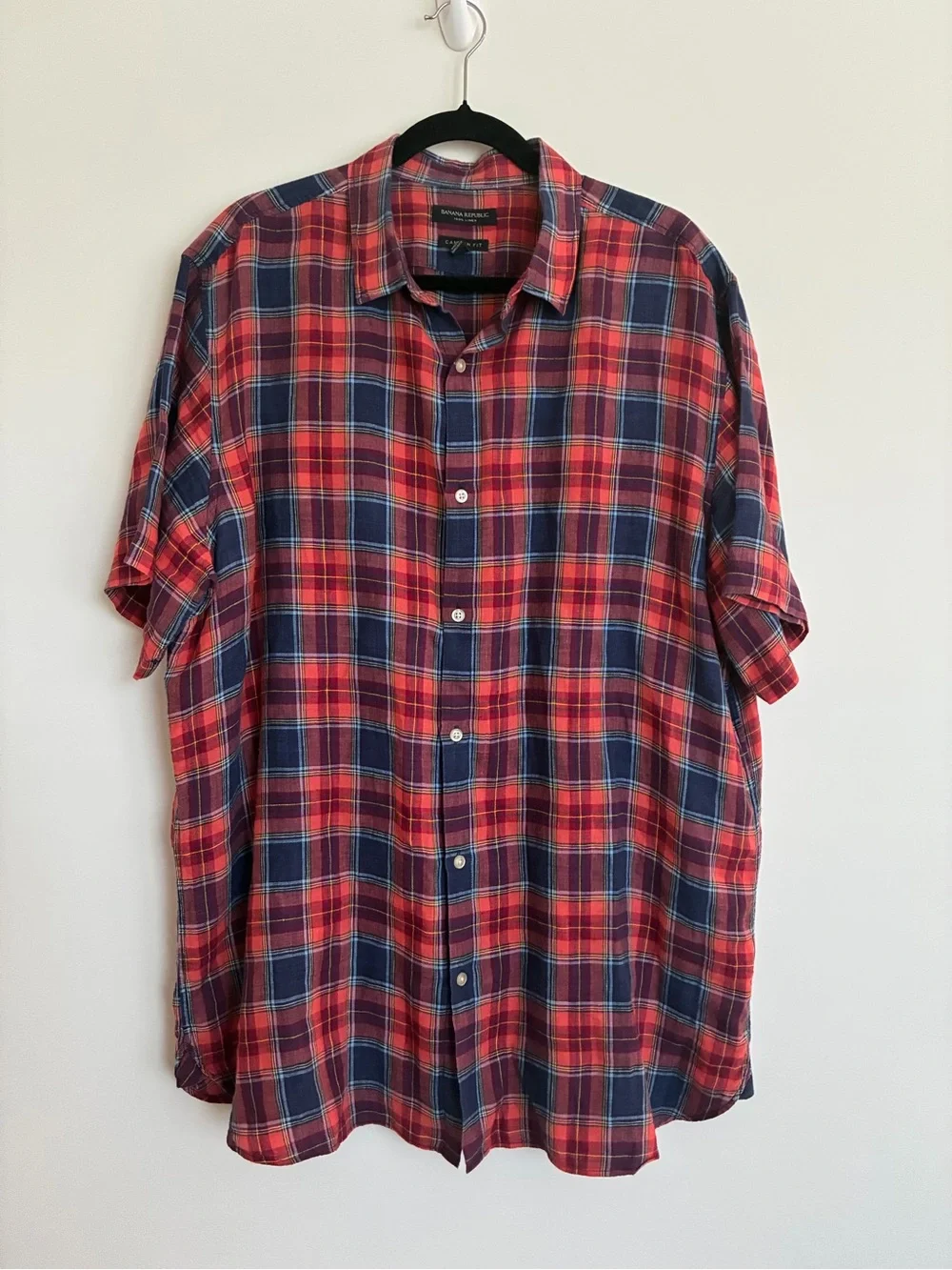 Banana Republic Red & Navy Linen Plaid Camben Fit short sleeve shirt xl tall